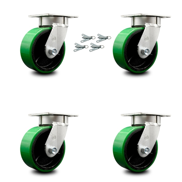 Service Caster 5 Inch Kingpinless Green Poly on Steel Wheel Swivel Caster Set with Swivel Lock SCC-KP30S520-PUR-GB-BSL-4 - main
